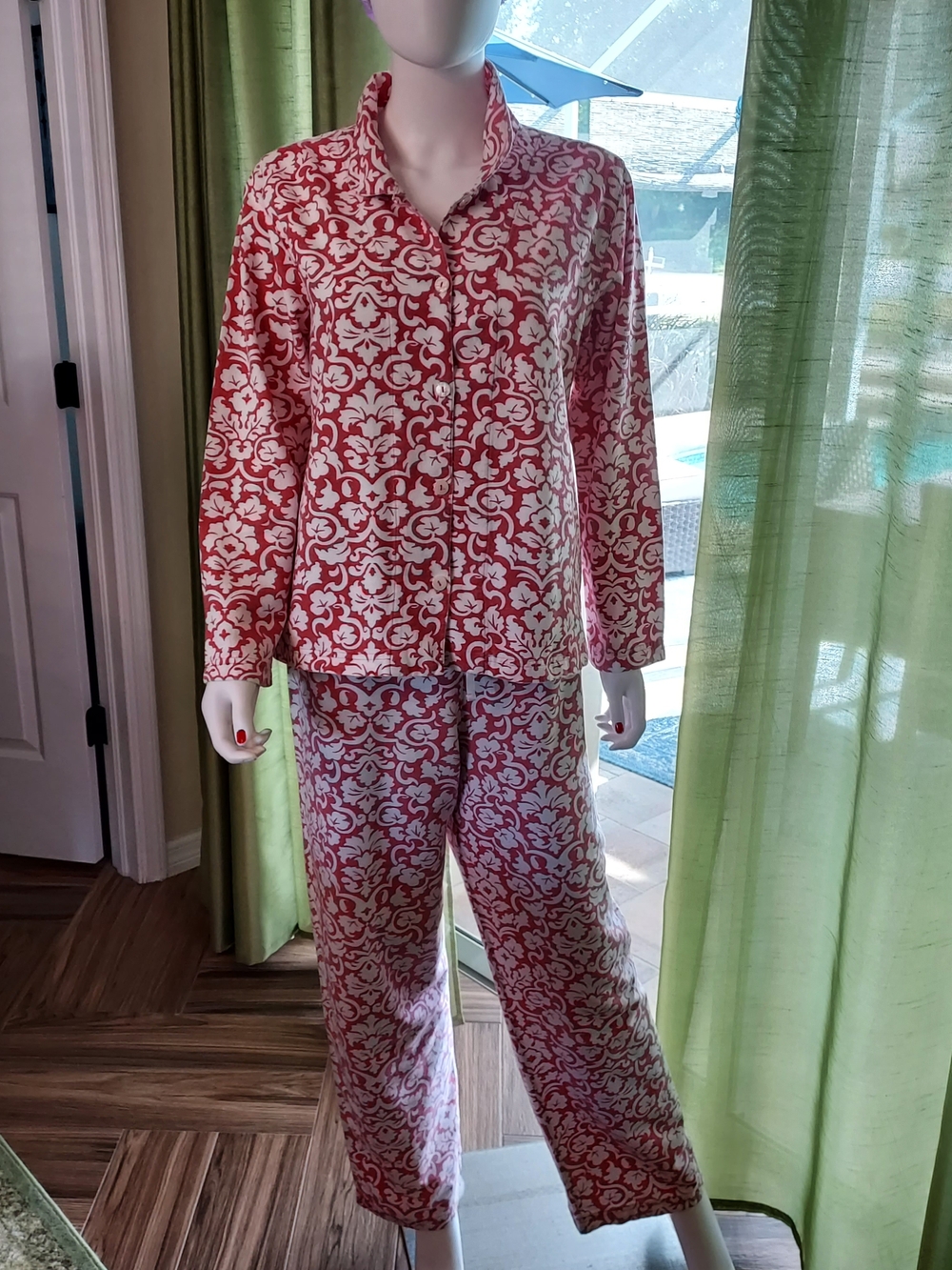 Garnet Hill Pink and White Printed Flannel Pajama Set 100% Imported Cotton: S